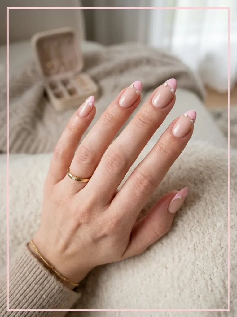 Baby Pink French Tips Nails With Tiny Hearts