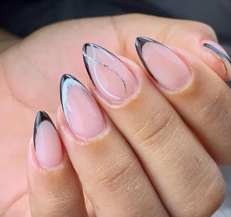 Black French Tips With Silver Chrome Accents