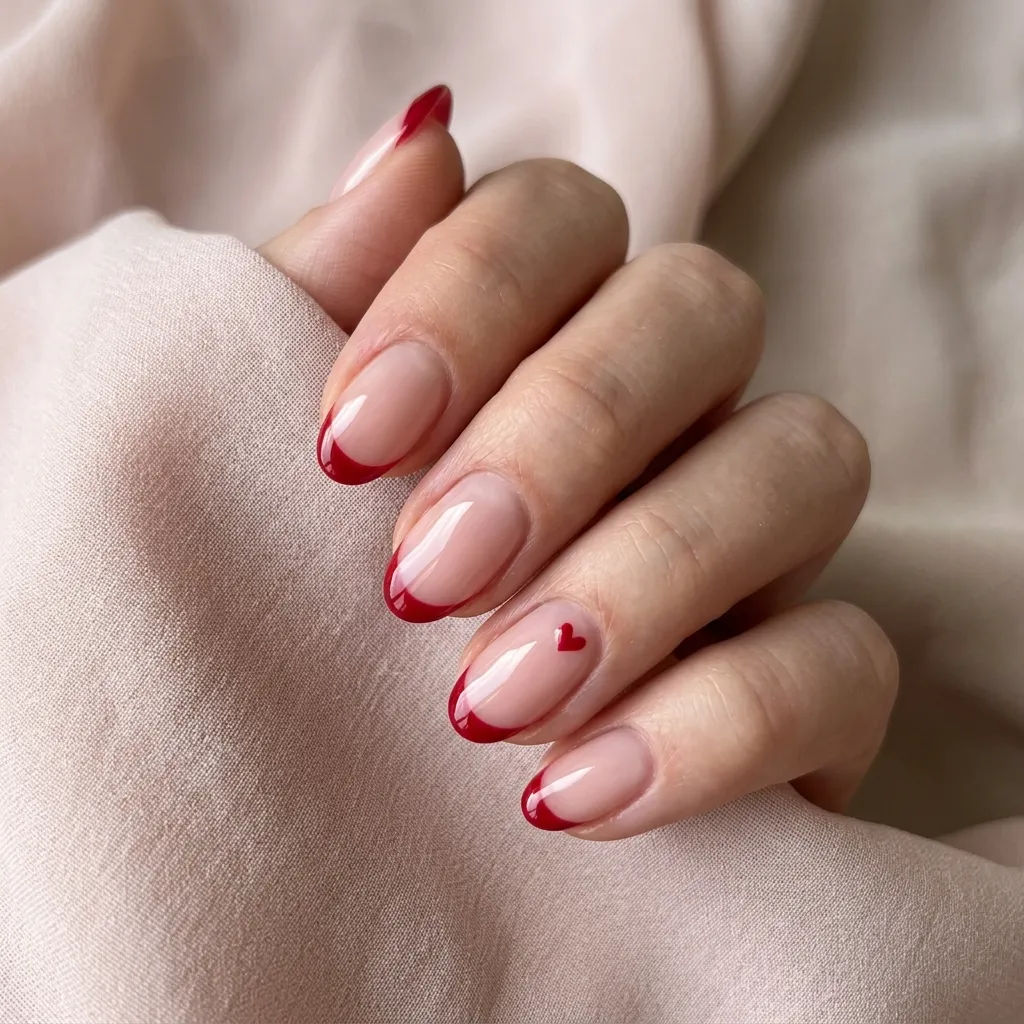Red French Tips Nail with Tiny Hearts