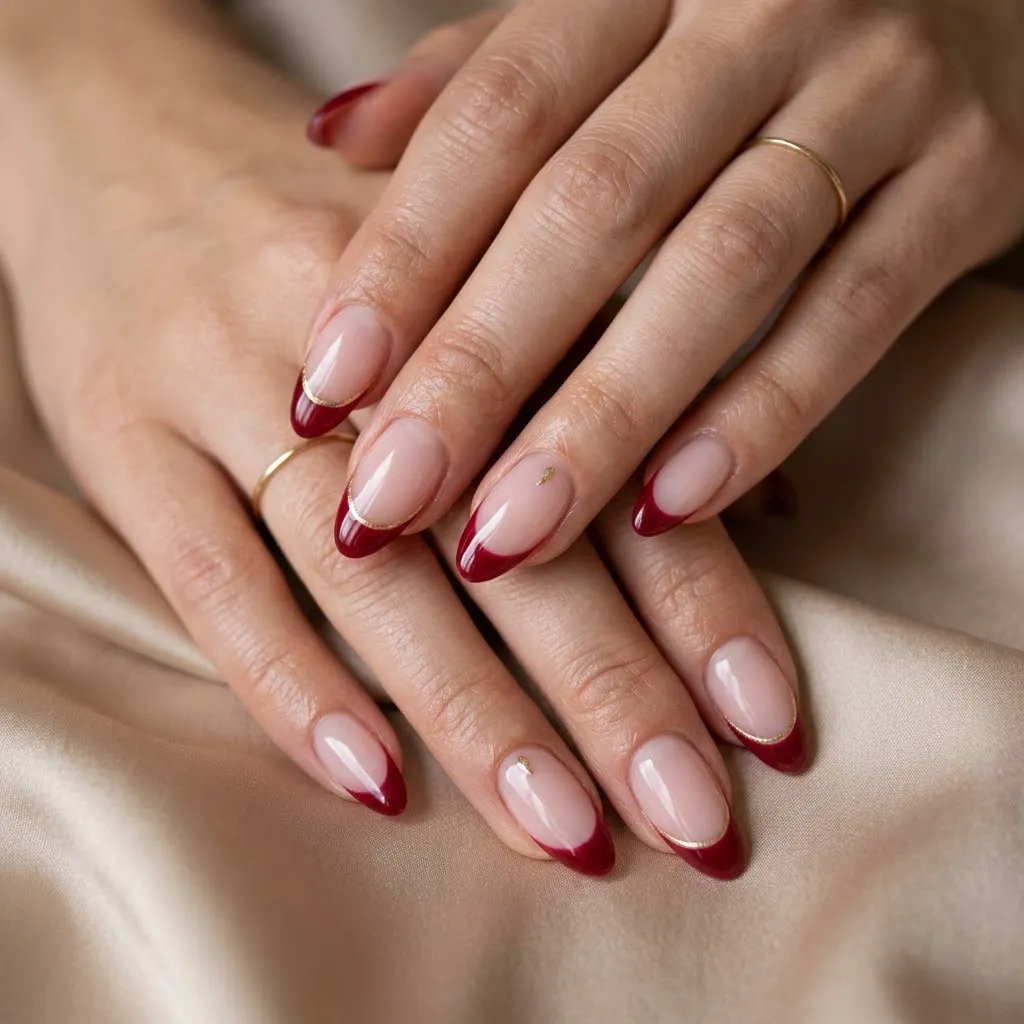 Red French Tip Nails with Gold Accents