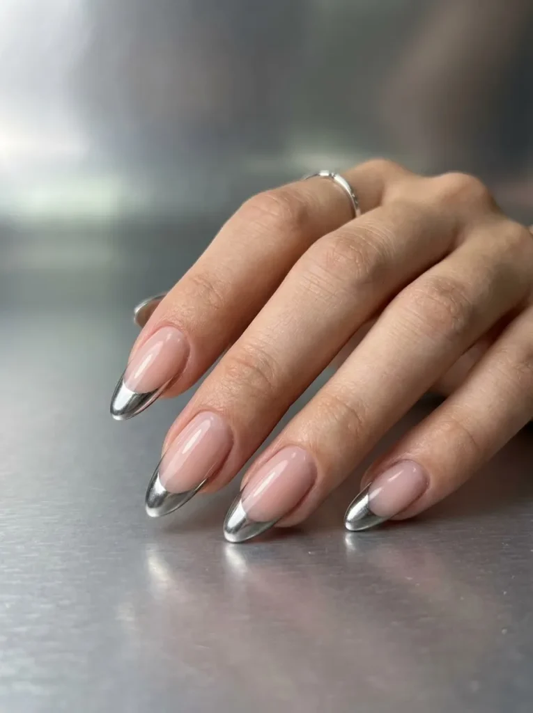 Chrome Silver French Tip Nails