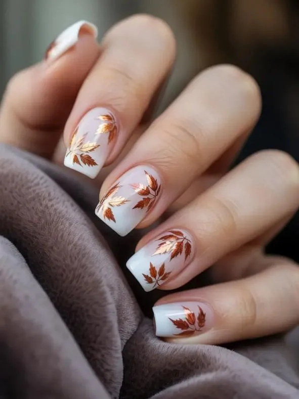 French Tips With Tiny Fall Leaves
