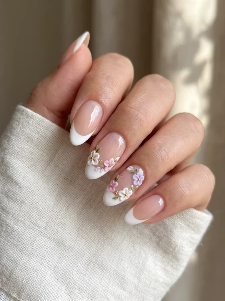 French Tip Nails With Tiny Flowers
