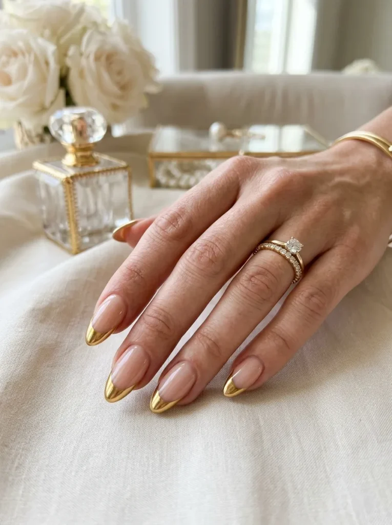 Gold French Tip Almond Nails