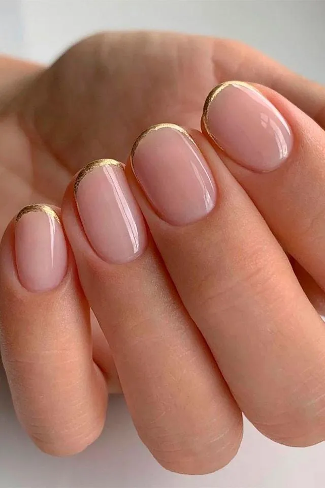 Nude French Tips With Gold Details