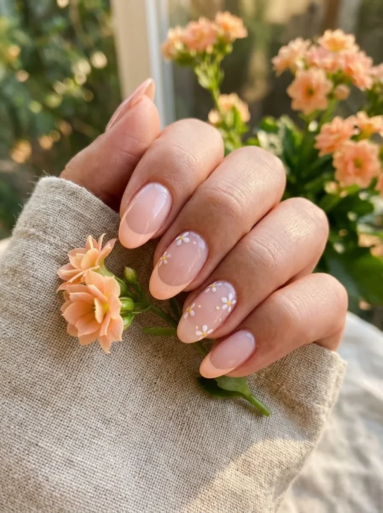 Peach French Tips With Tiny Flowers