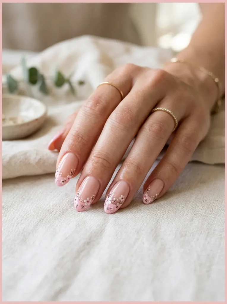 Pink French Tips Nails With Floral Details