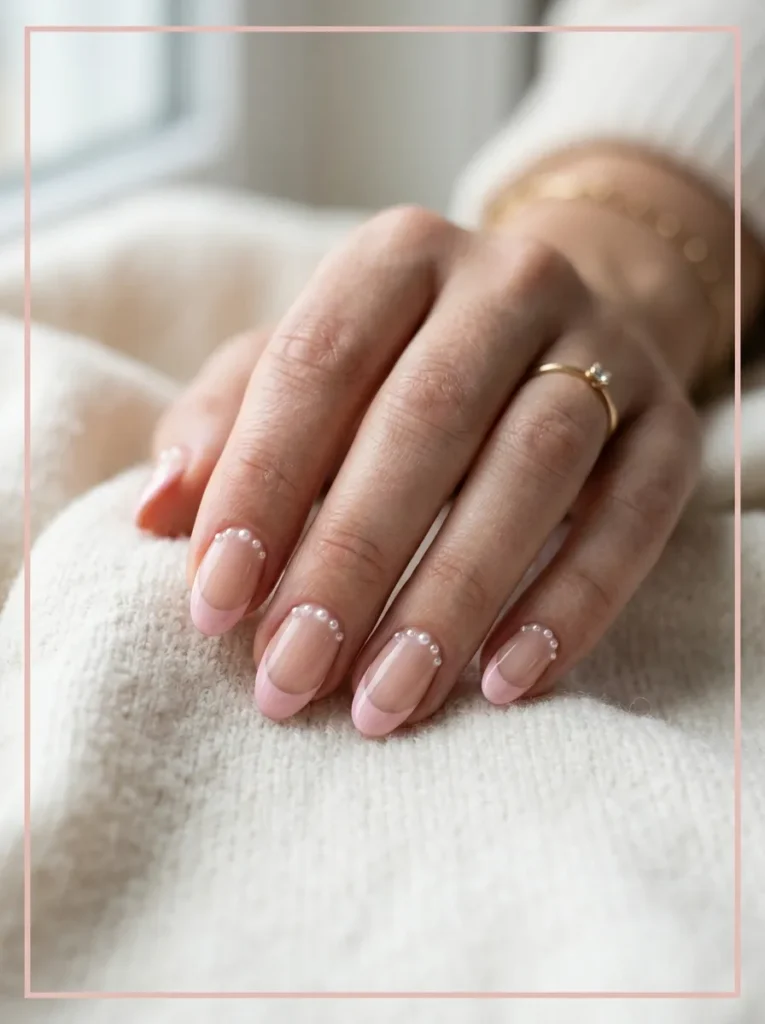 Pink French Tips Nails With Pearls 