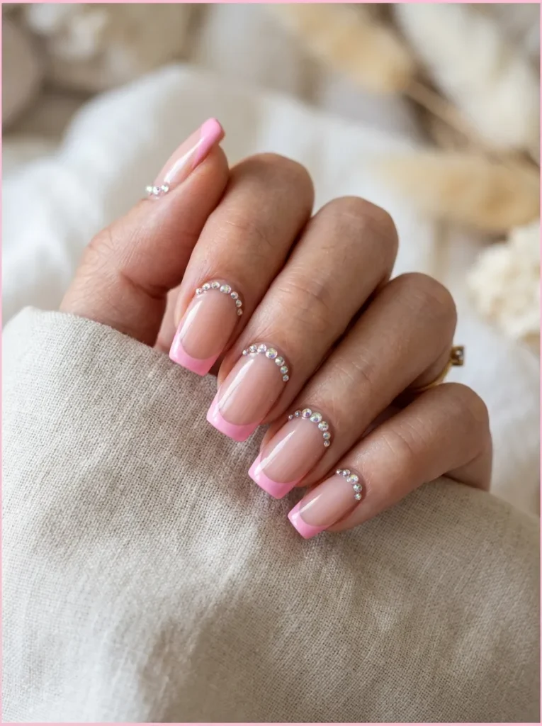 Pink French Tips Nails With Rhinestones