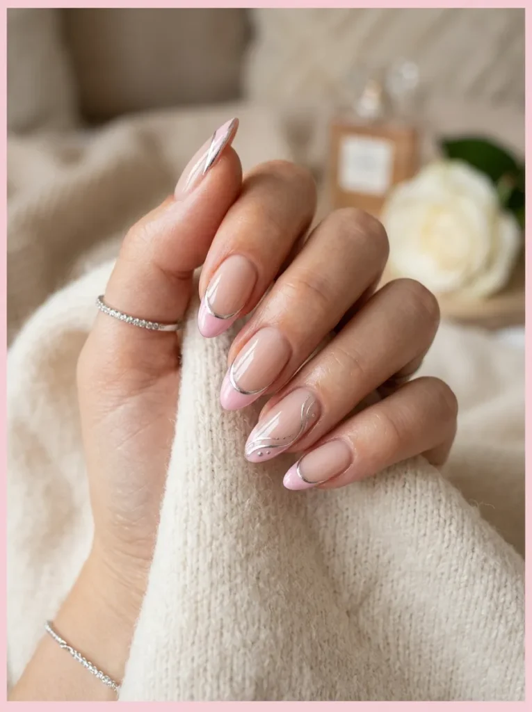 Pink French Tips Nails With Silver Chrome