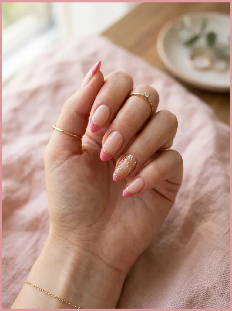 Pink French Tips Nails With Gold Details