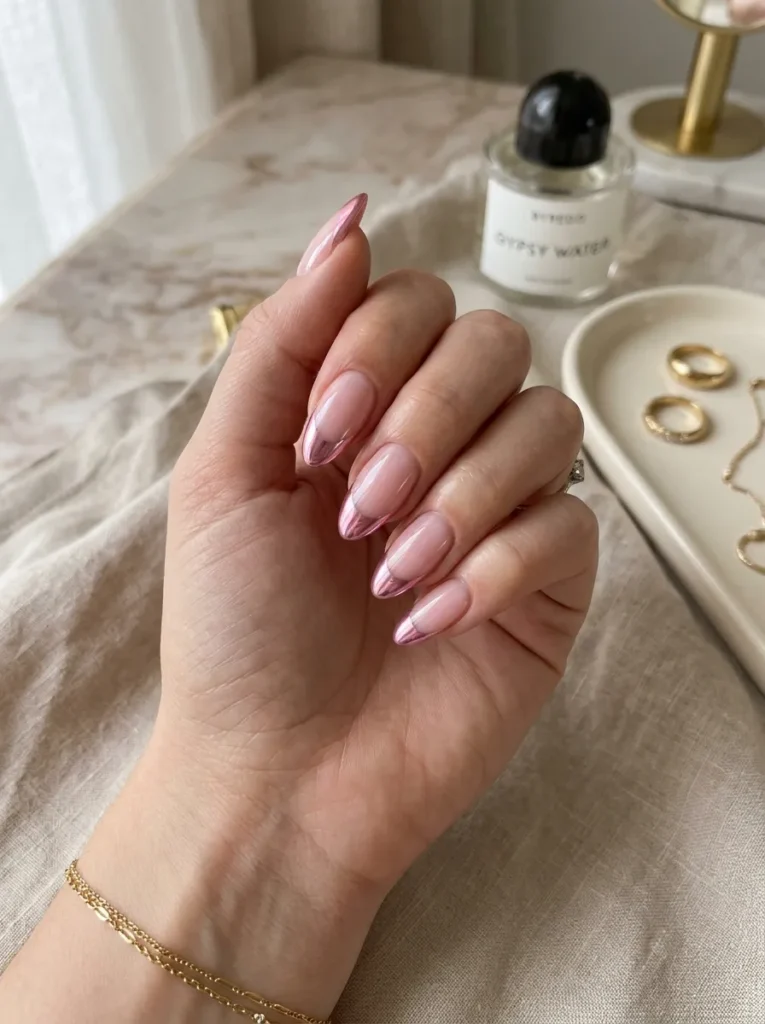 Pink Chrome Almond French Tips