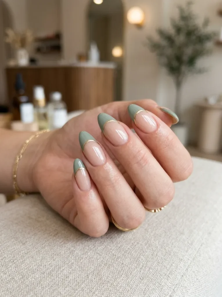 Sage Green French Tip Almond Nails