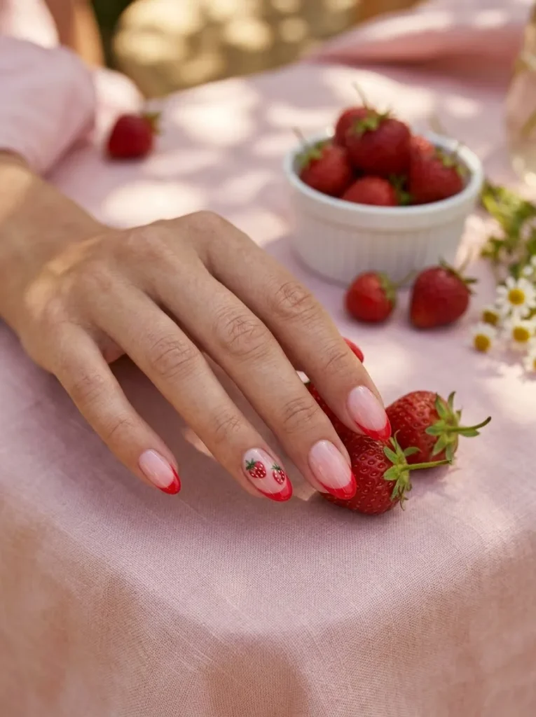 Strawberry-Inspired French Tip Nail
