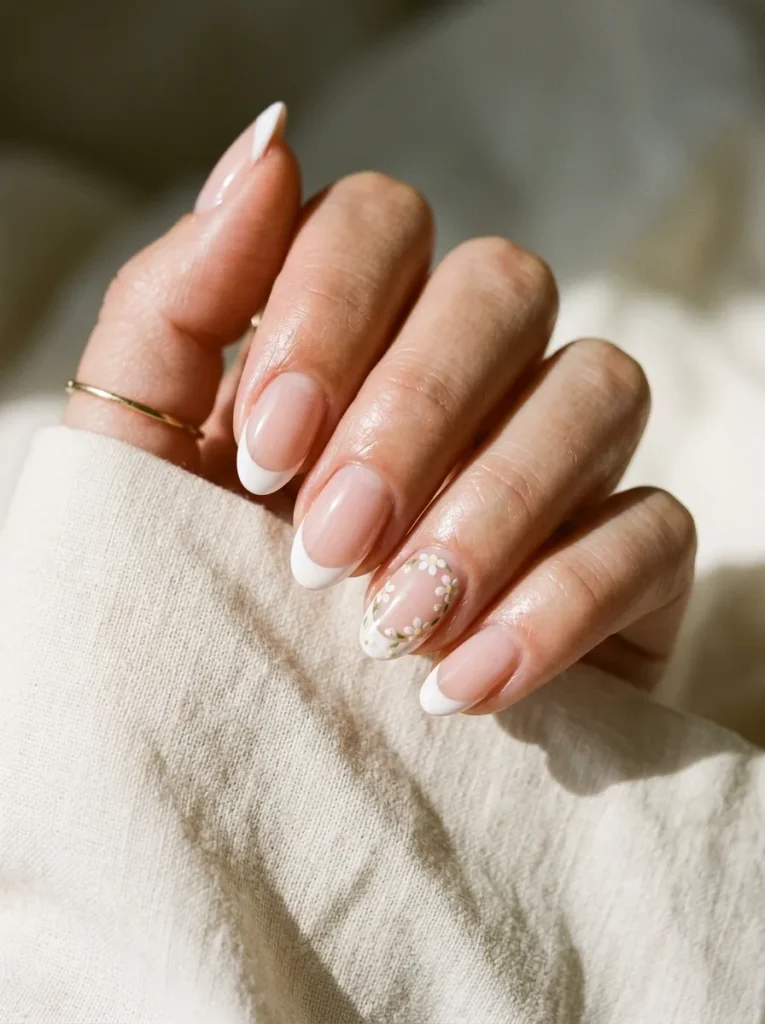White French Tips With Tiny Floral Details