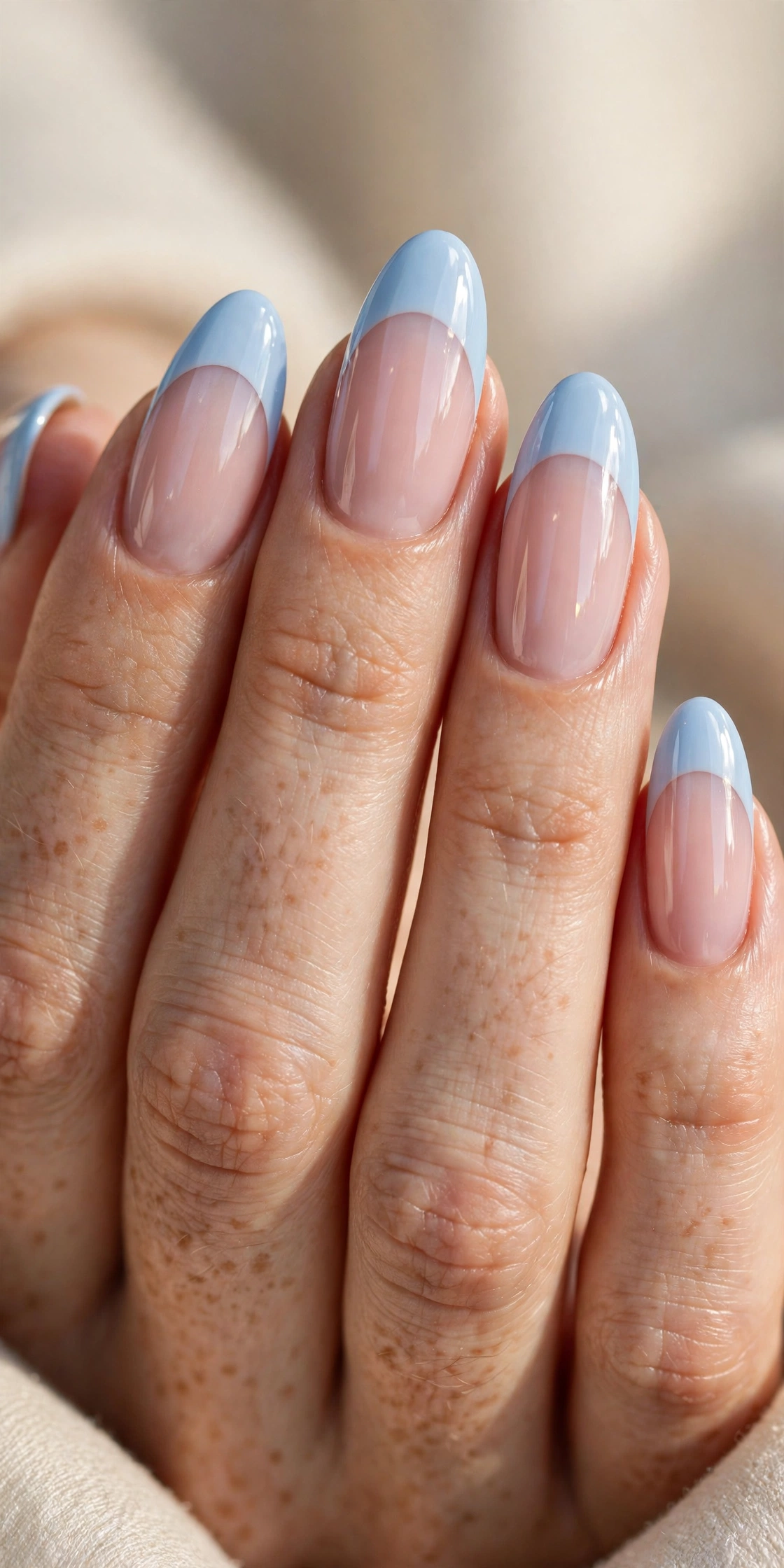 Medium almond nails with high-gloss baby blue French tips over a milky pink base.