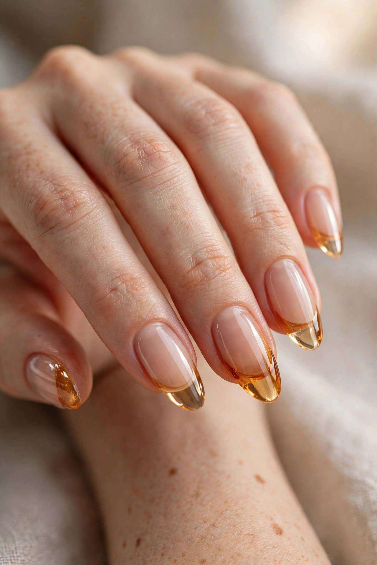 Close-up of almond nails with translucent glass-like amber jelly French tips