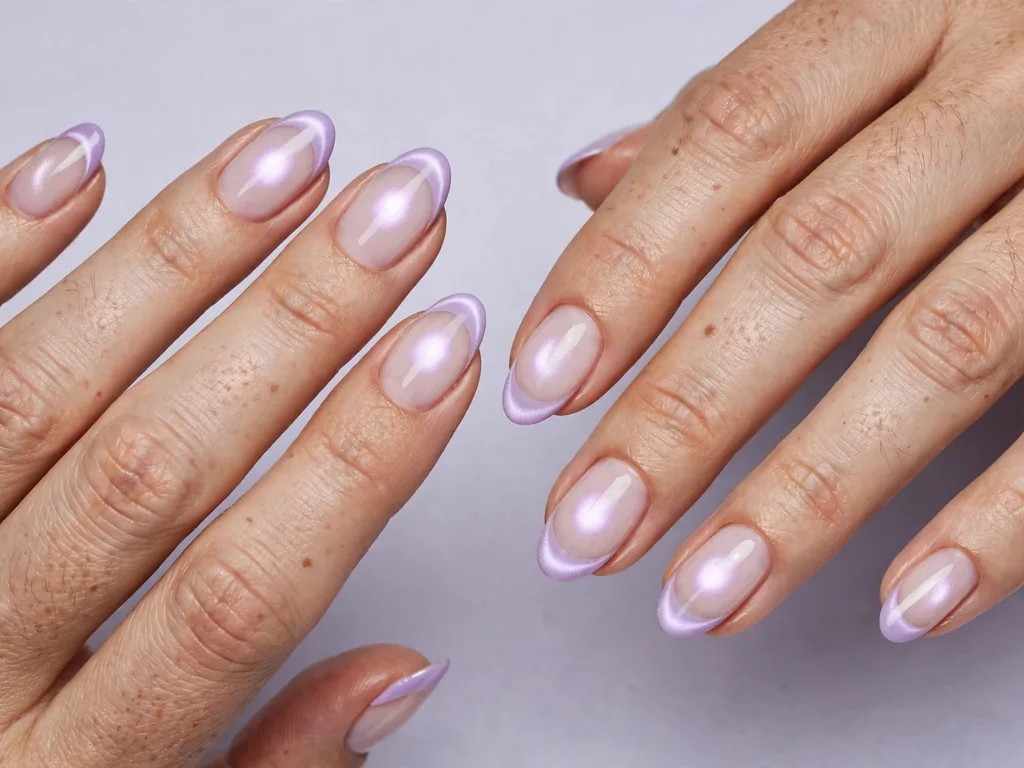 Aura cat eye French tip nails with a soft glowing center on almond nails