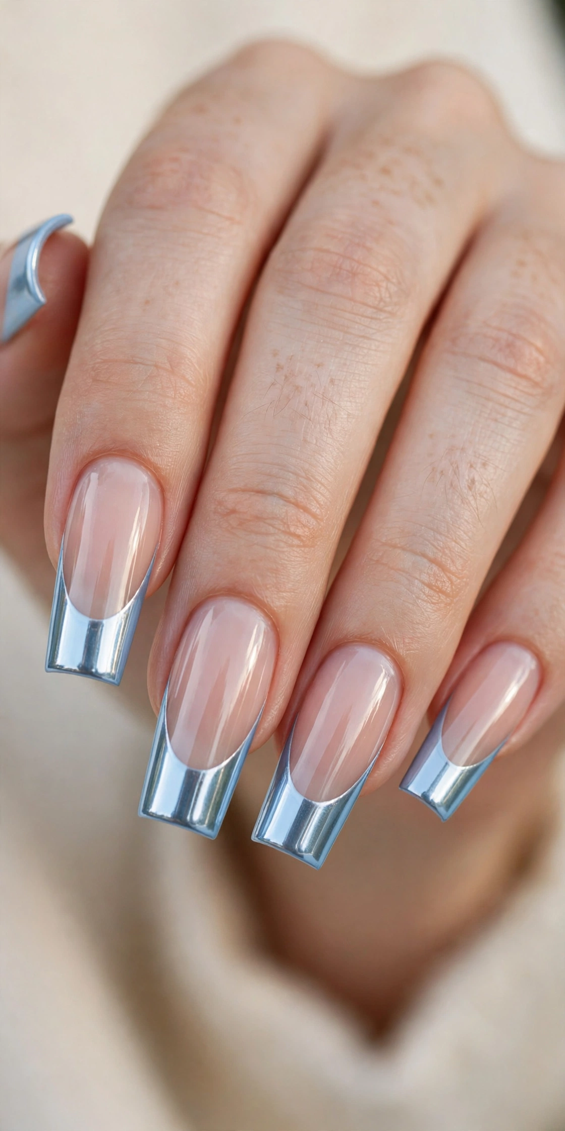 Long square nails with mirror-like baby blue chrome French tips over a sheer nude base.