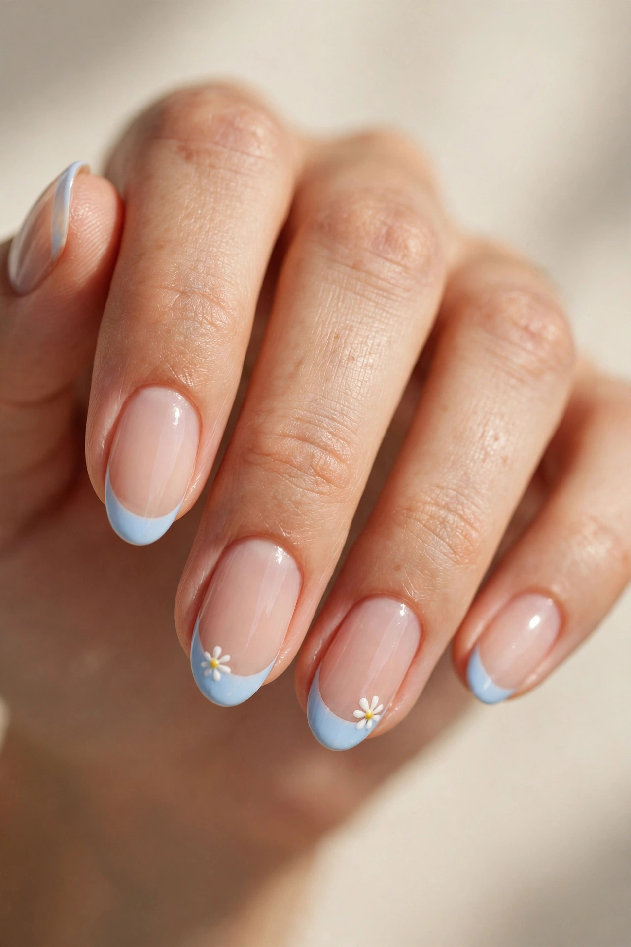 Oval nails with baby blue French tips decorated with tiny white daisy flowers on the accent nails.