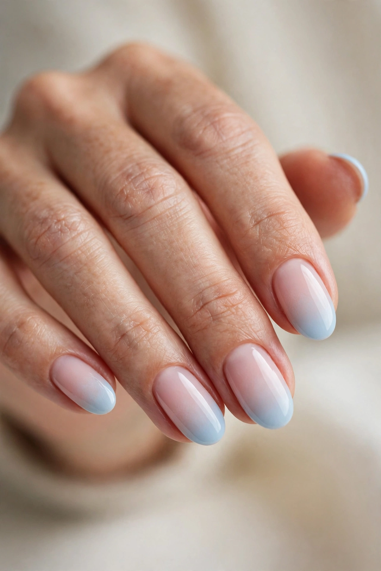 Oval nails with a seamless baby blue French fade blending from a milky pink base.