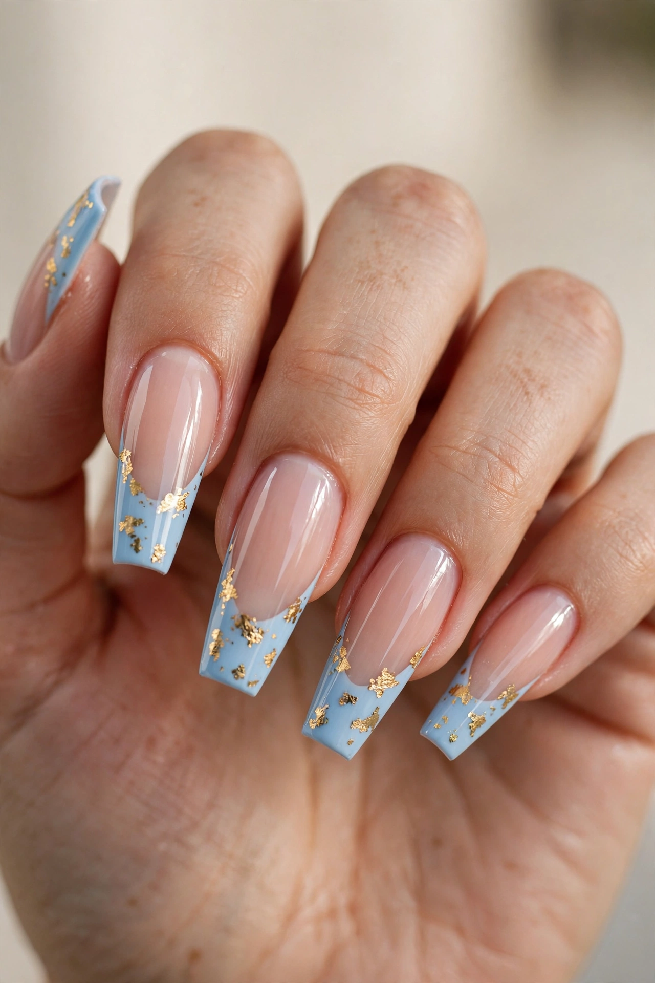 Long coffin nails with baby blue French tips scattered with irregular gold foil flecks.