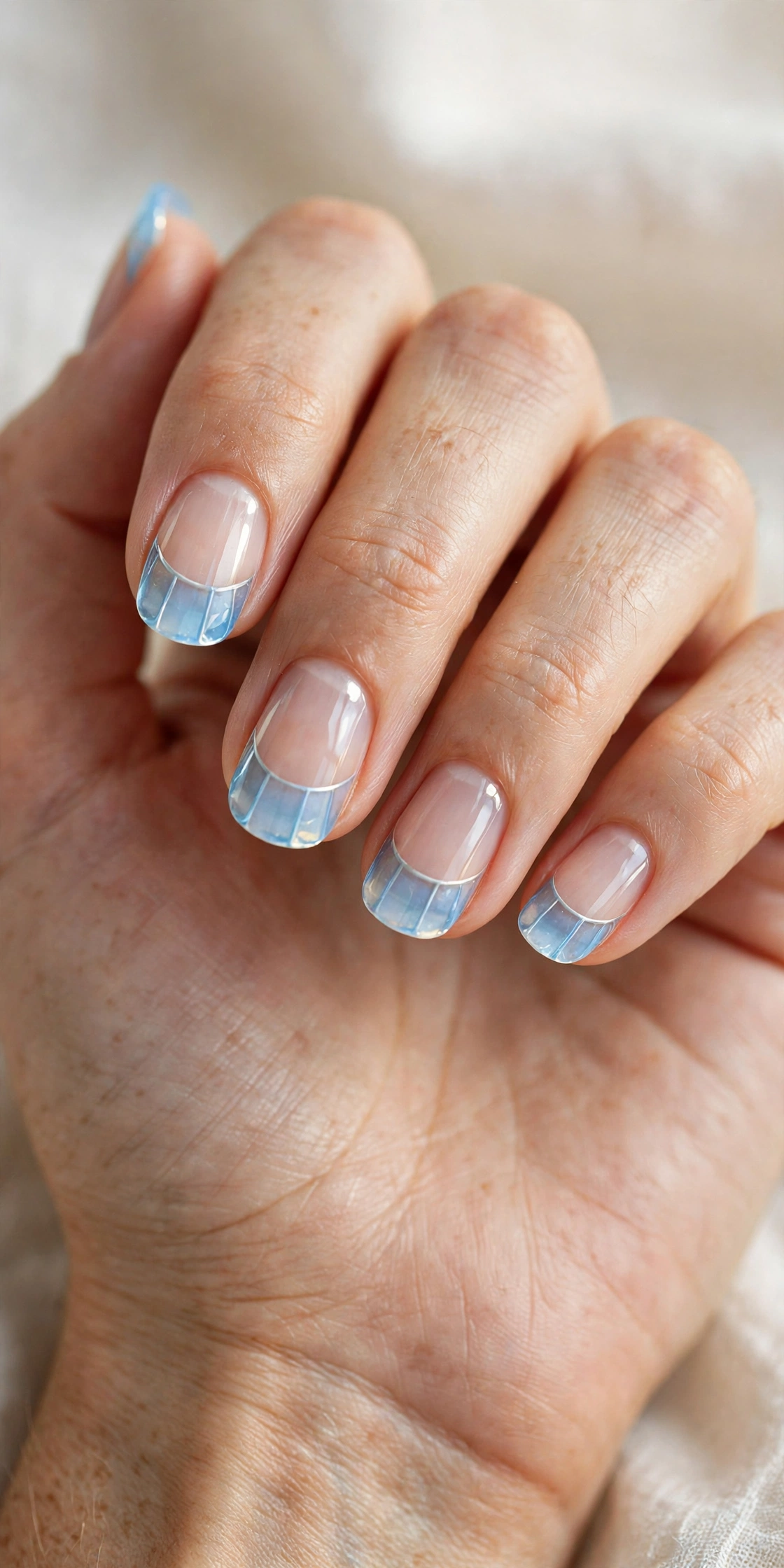 Short natural nails with translucent jelly baby blue French tips with a stained-glass glow.