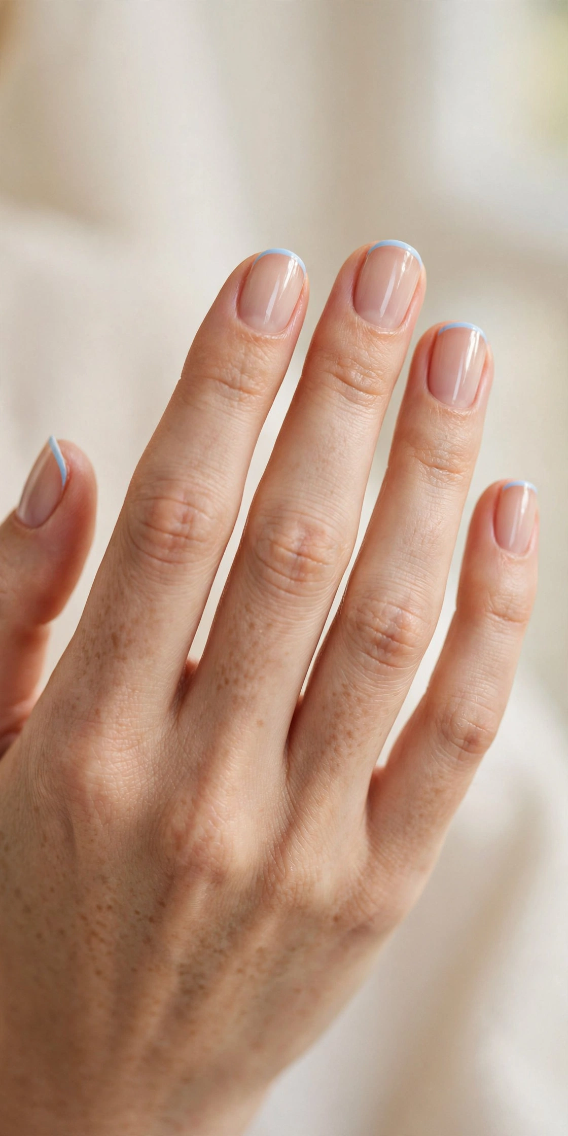 Short natural nails with very thin baby blue micro French tip lines over a sheer natural base.