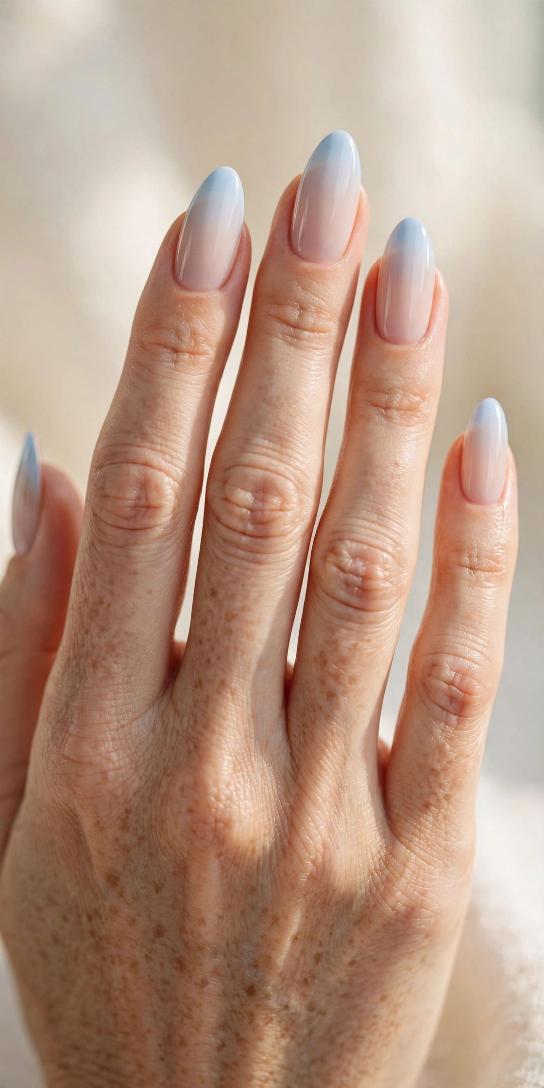 Almond nails with baby blue ombre French tips fading softly into a milky nude base.