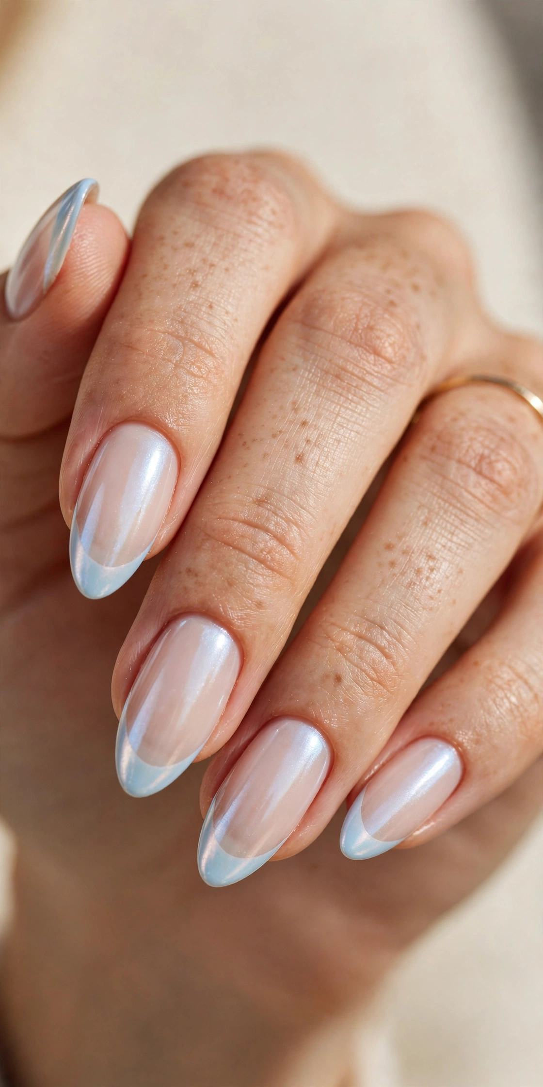 Almond nails with pearlescent baby blue French tips with a soft pearl chrome sheen over a milky nude base.