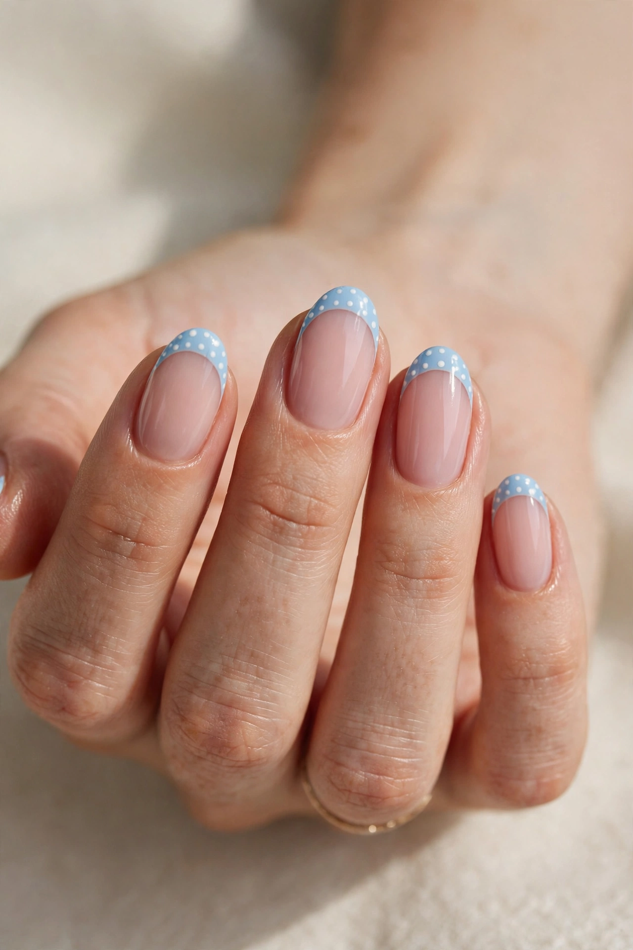 Oval nails with baby blue French tips decorated with tiny white polka dots over a milky pink base.