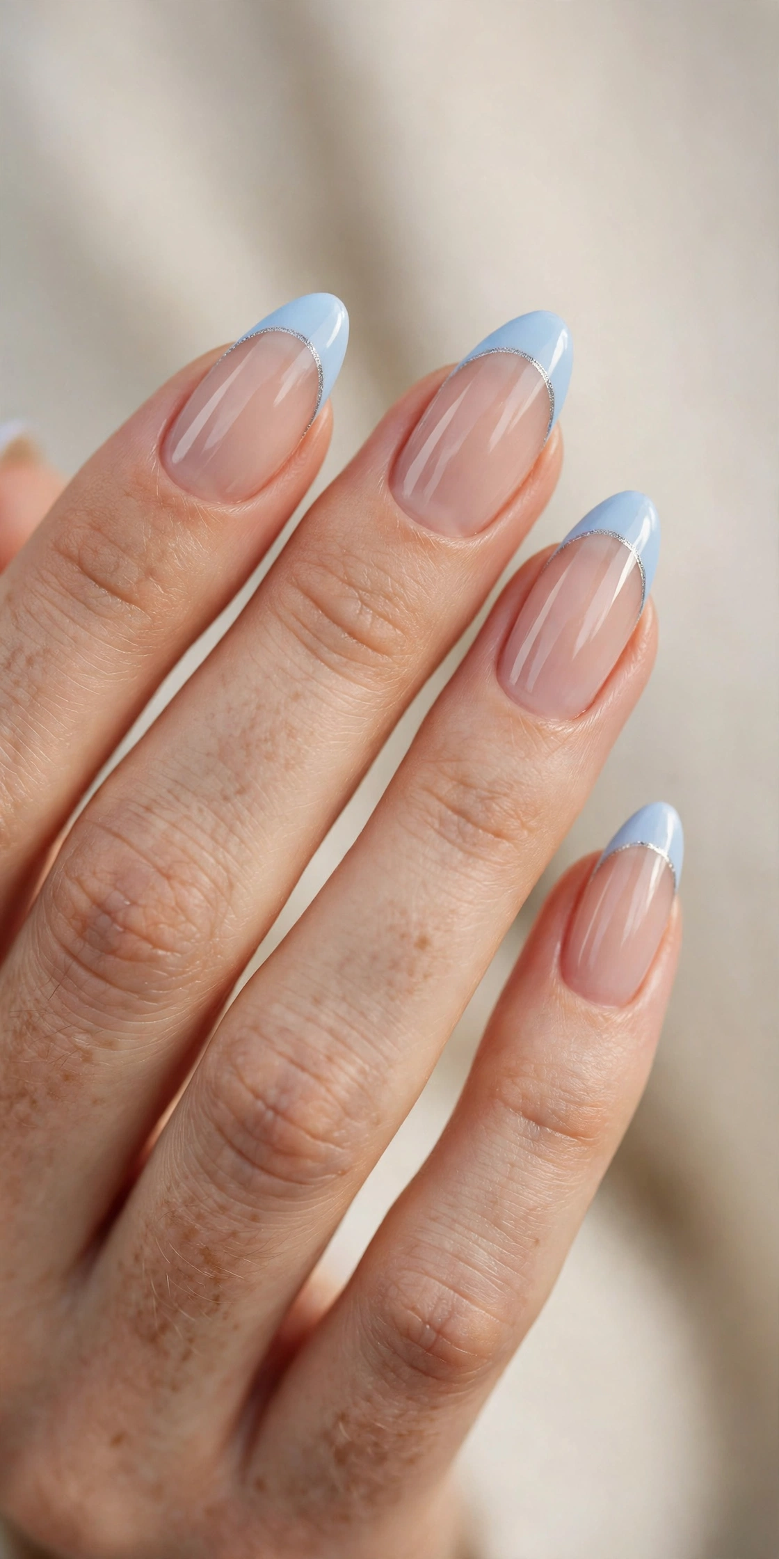 Almond nails with baby blue French tips outlined by a hairline-thin silver metallic line.