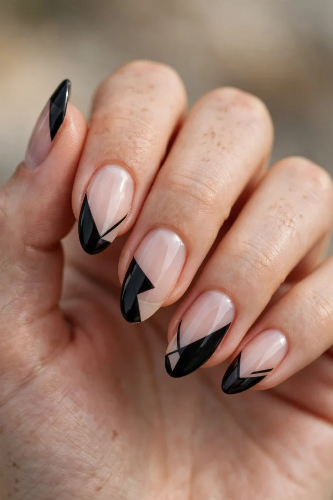 Close-up of almond nails featuring asymmetric geometric black French tips with sharp diagonal and triangular shapes on a nude base, portrait shot with blurred background.