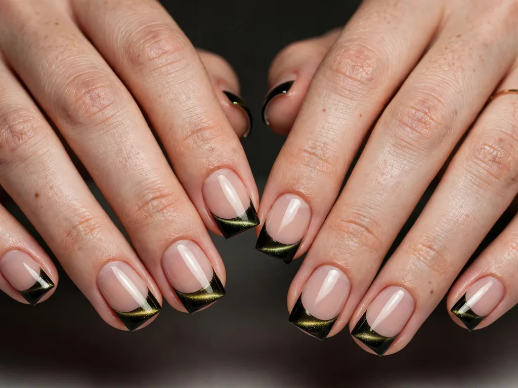Black cat eye French tip nails with a gold-green shimmer band on short square nails