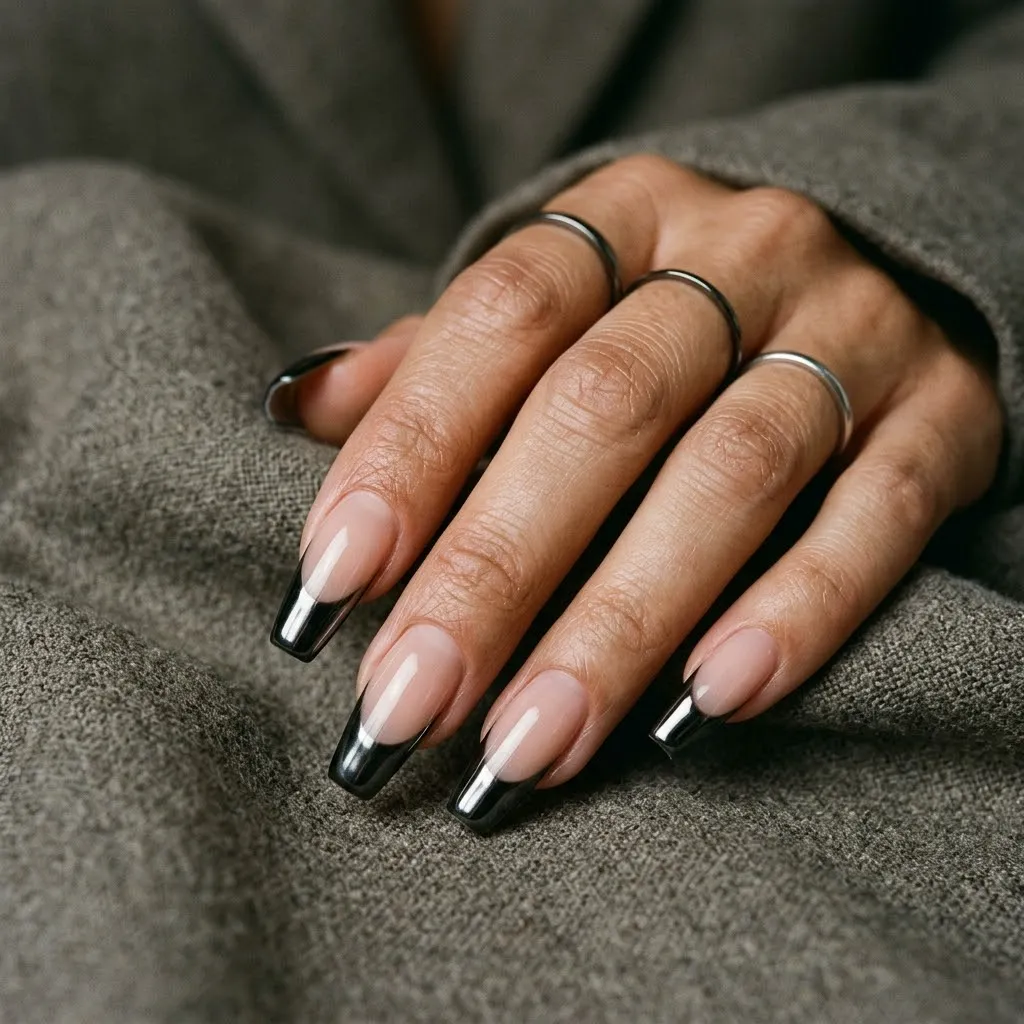 Black Chrome French Tip Nails