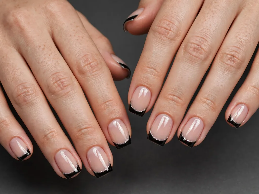 Black French tip nails with a fine silver glitter line on short square nails