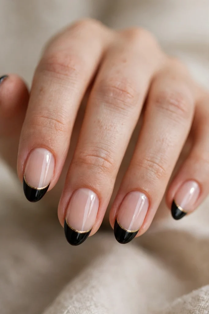 Almond nails with black French tips outlined by a thin gold metallic line along the smile line.