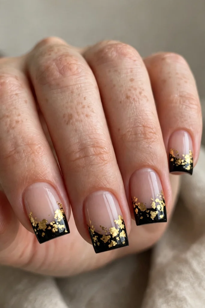 Close-up of square nails with black French tips edged in scattered gold foil flakes over a nude base, sharp focus with a blurred neutral background in portrait.