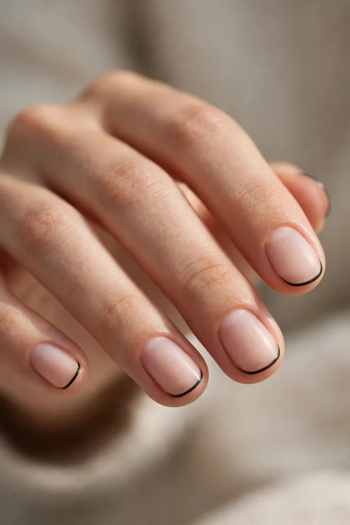 Short oval nails with ultra-thin black micro French tips in a minimalist clean style.
