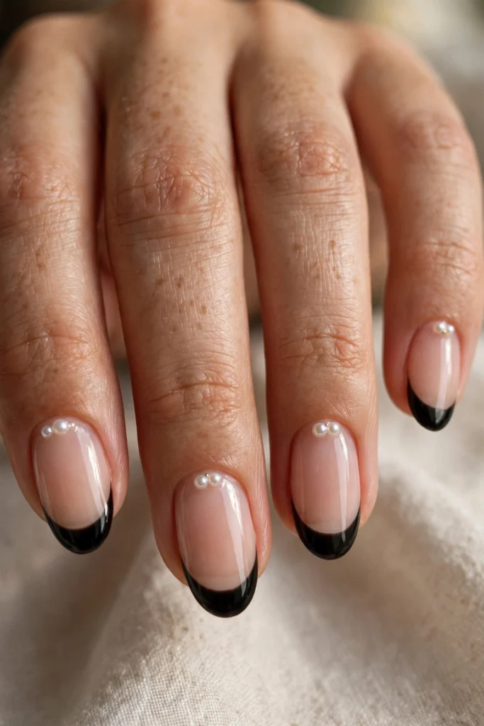 Close-up of oval nails with black French tips and a cluster of tiny pearls placed near the cuticle of each nail, photographed in portrait with a soft blurred fabric background.