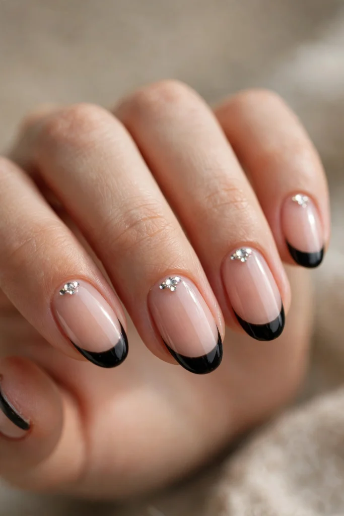 Close-up of oval-shaped nails with glossy black French tips and small clusters of crystal rhinestones placed near the cuticles.