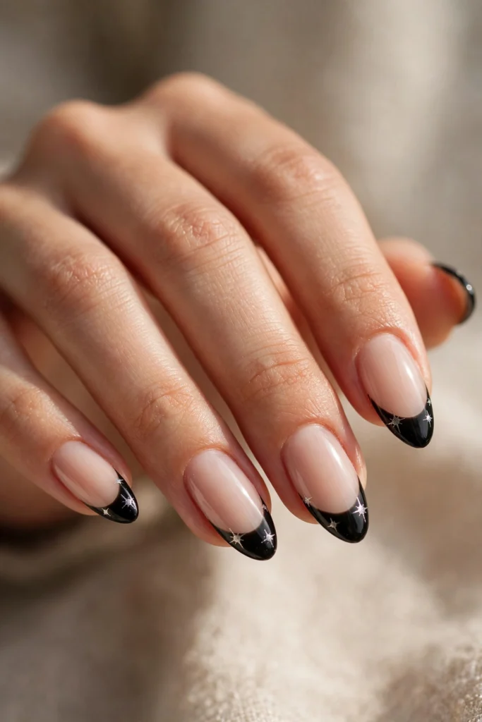 Close-up of almond-shaped nails with a sheer pink base and glossy black French tips decorated with tiny silver star accents.