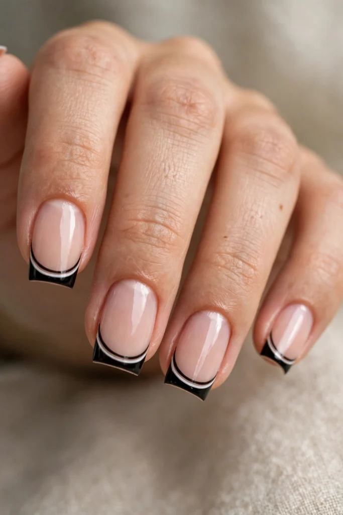 Square nails with double French tips pairing a black curve with a thin white curve.