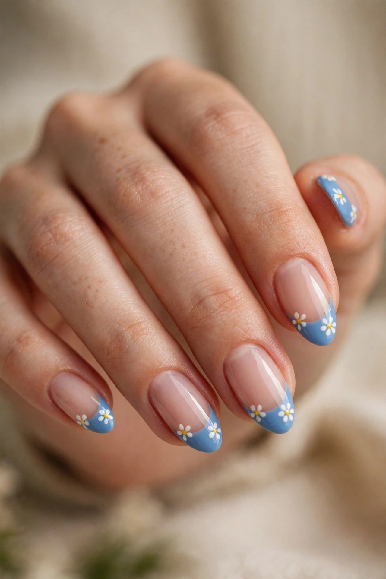 Close-up of almond nails with periwinkle blue French tips decorated with tiny white daisies.