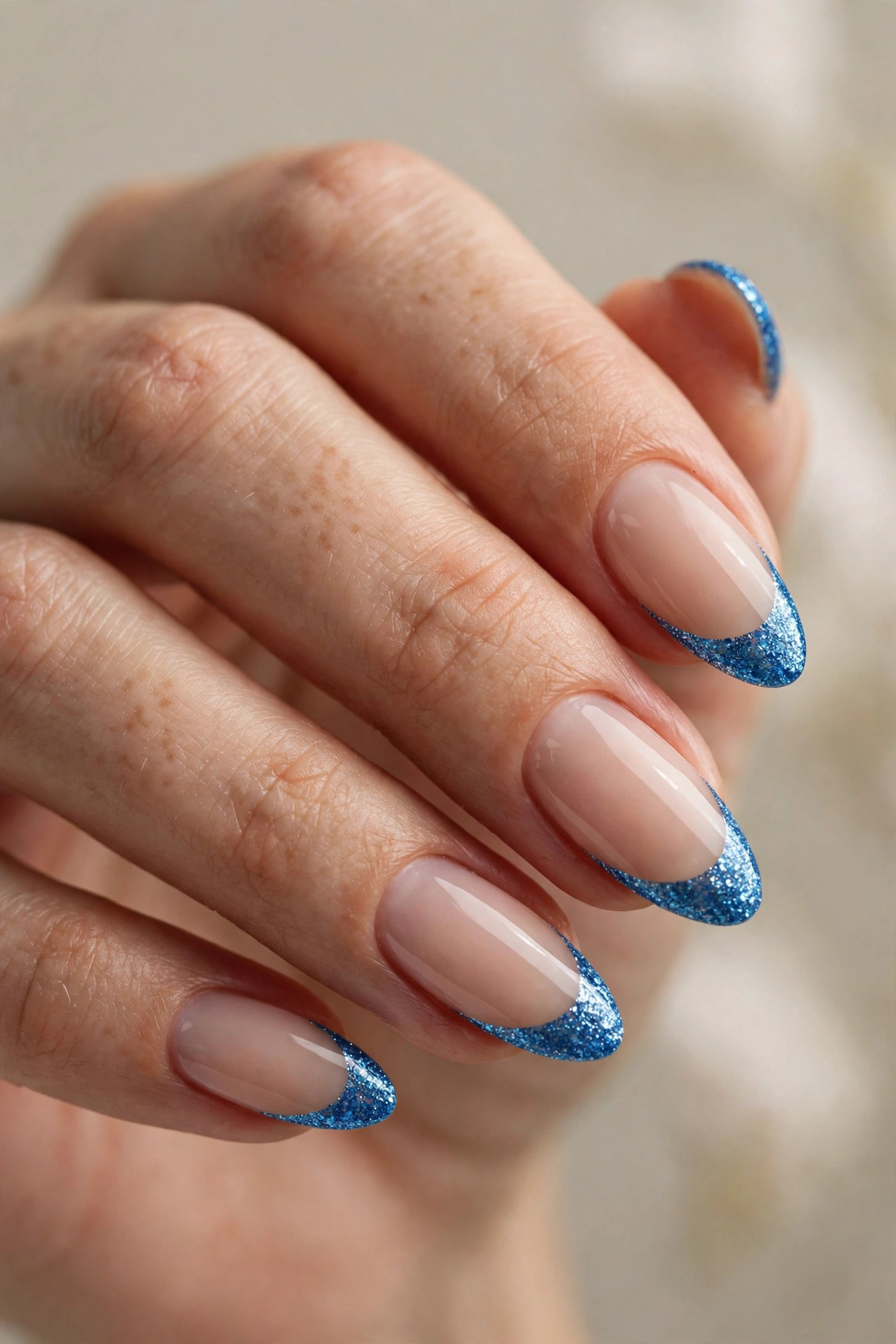 Close-up of almond nails with sparkling blue glitter French tips over a nude base.