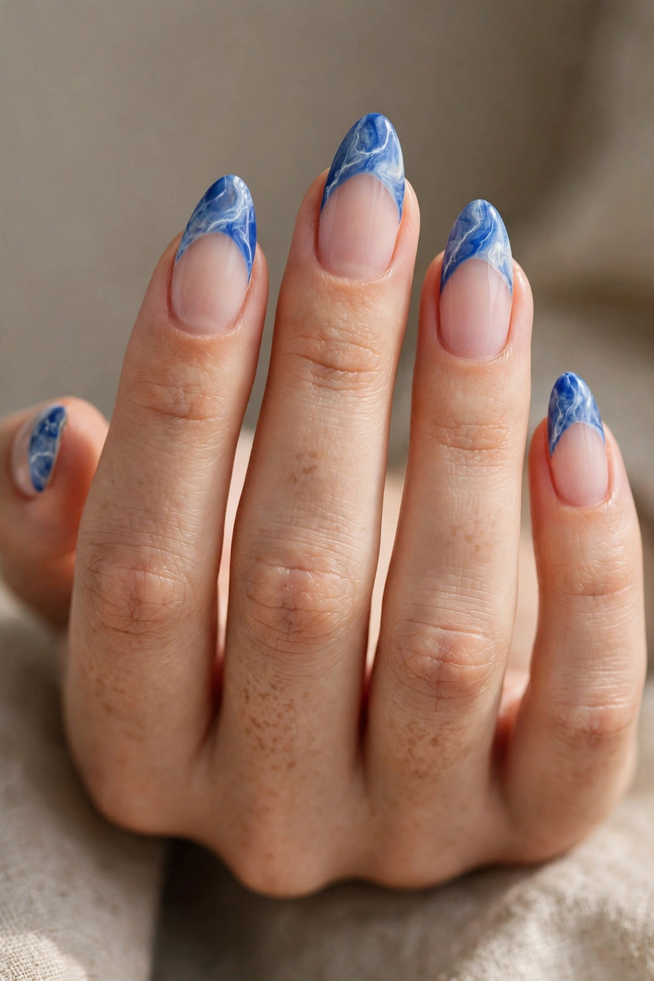 Close-up of almond nails with blue marble-effect French tips with white veining.