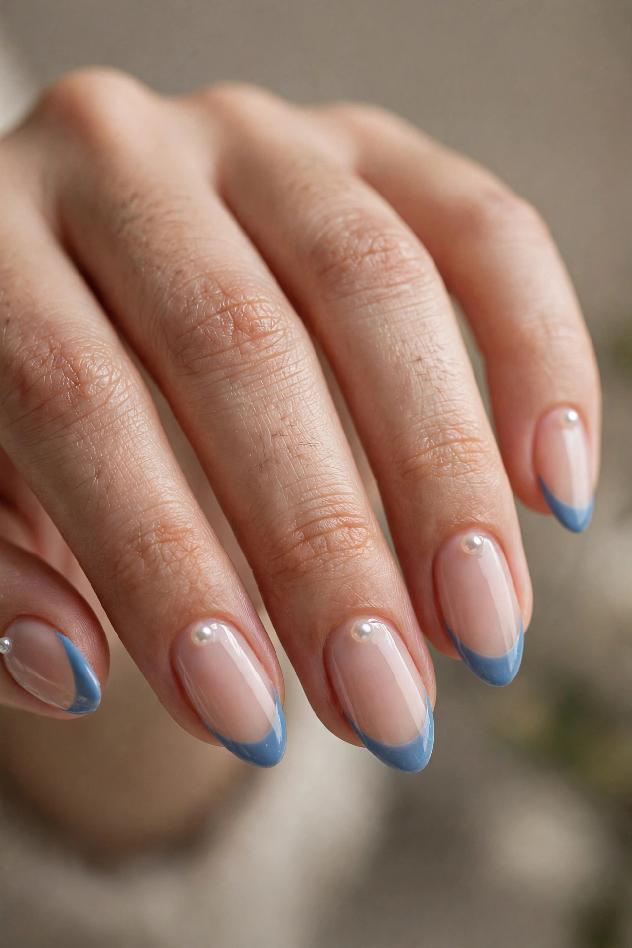Close-up of almond nails with soft blue French tips and a small pearl accent near each cuticle.