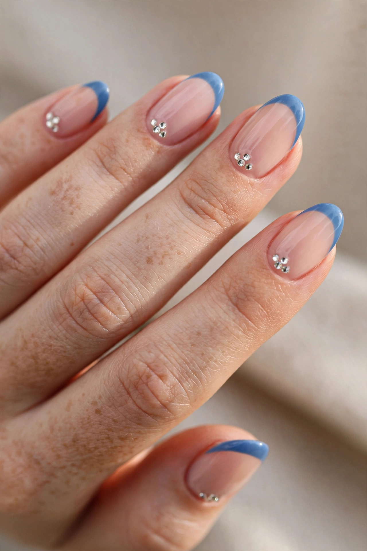 Close-up of oval nails with cornflower blue French tips and small crystal rhinestones near the cuticles.