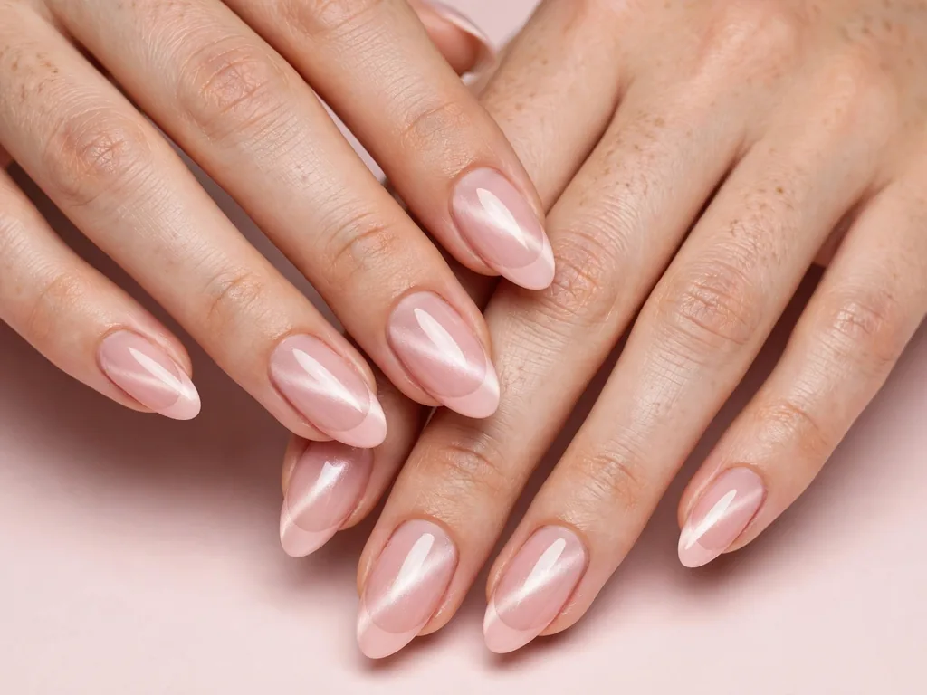 Blush pink cat eye French tip nails on medium almond nails
