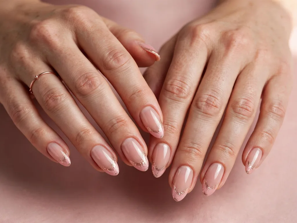 Blush pink French tip nails with a rose gold glitter fade on almond nails